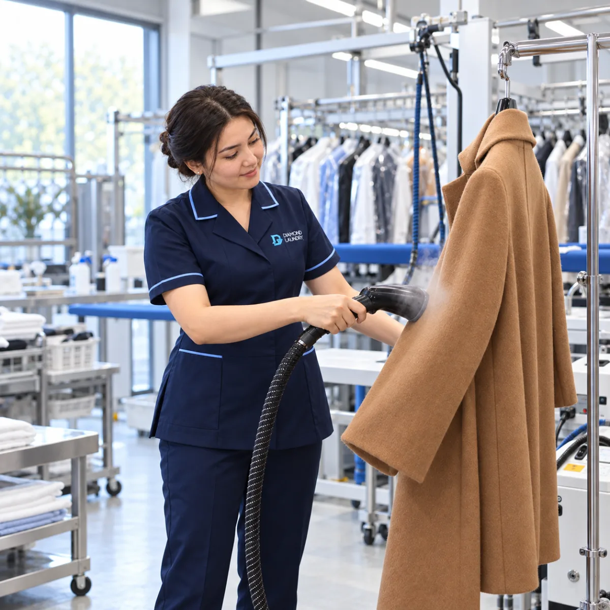 Технолог отпаривает шерстяное пальто в цехе Diamond Laundry